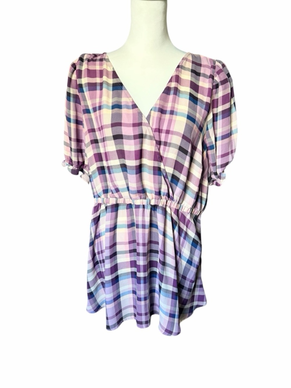 Torrid Lavender and Blue Plaid V-Neck Peplum Tunic Size 1